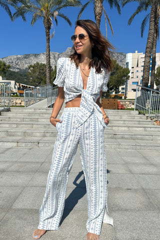 Embroidered White Linen Shirt and Trousers Set