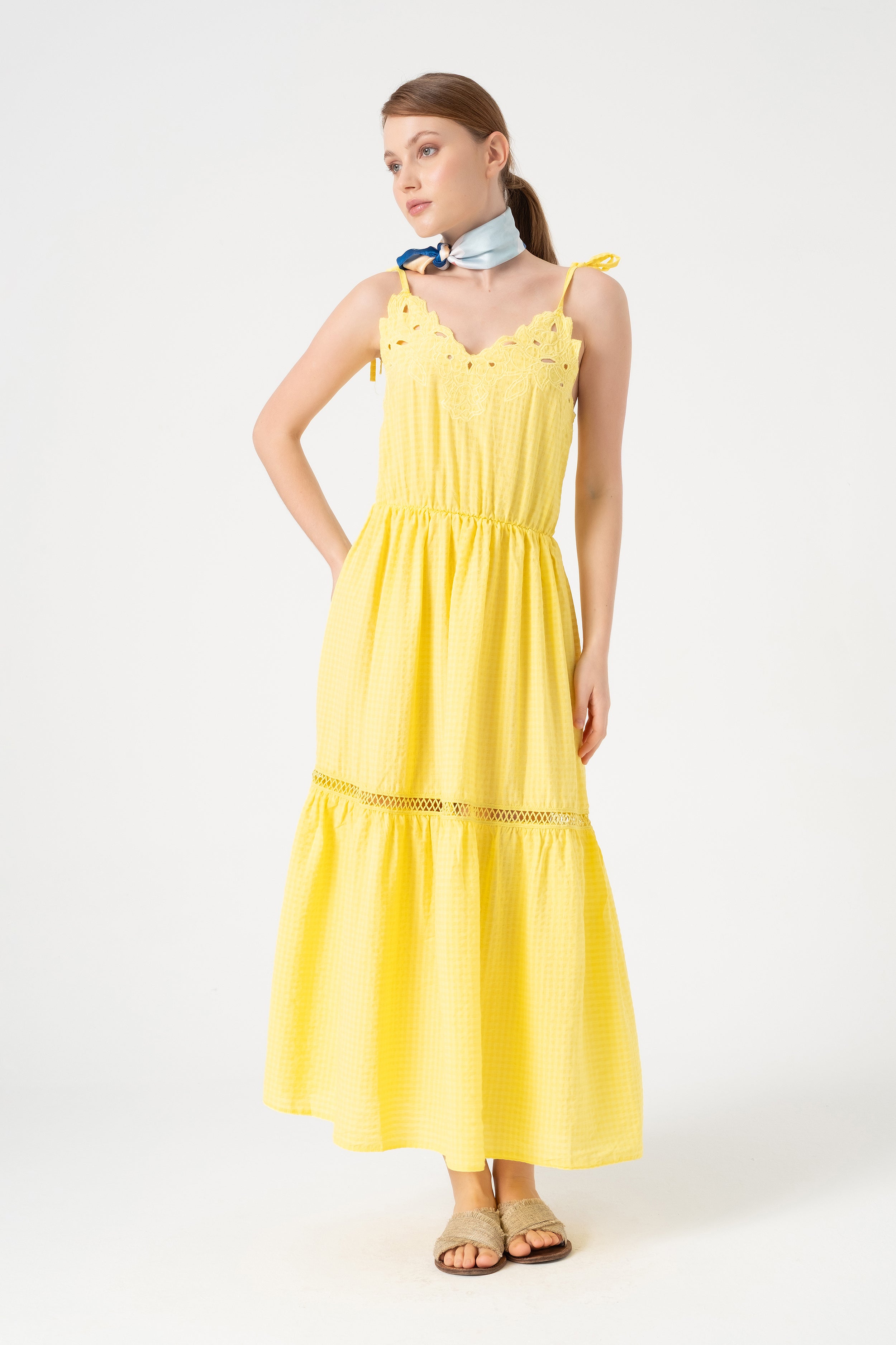LACE TIERED CHECKERED DRESS