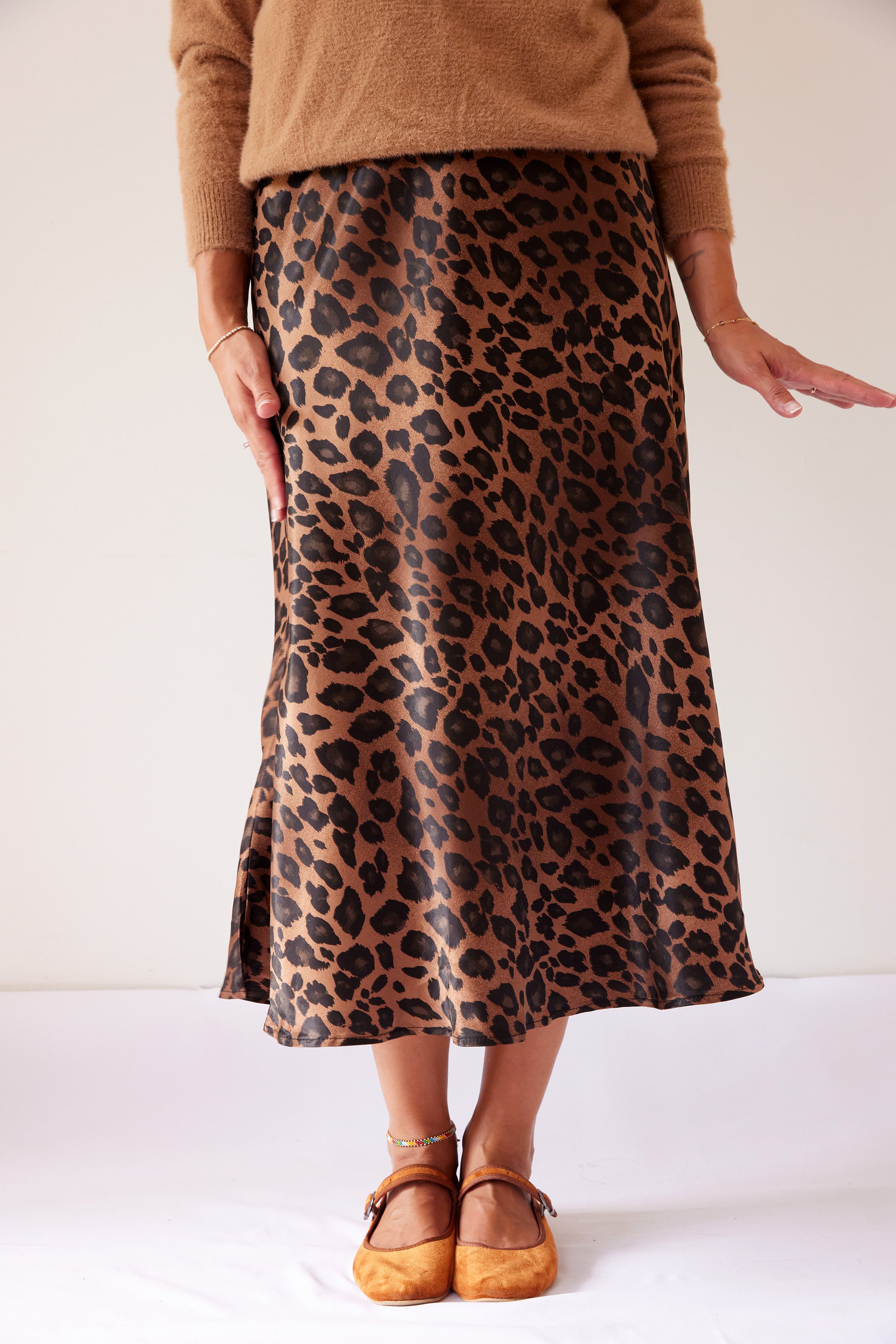 Leopard Print Brown Midi Satin Skirt - janandnova