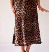 Leopard Print Brown Midi Satin Skirt - janandnova