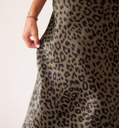 Leopard Print Khaki Midi Satin Skirt - janandnova