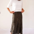 Leopard Print Khaki Midi Satin Skirt - janandnova