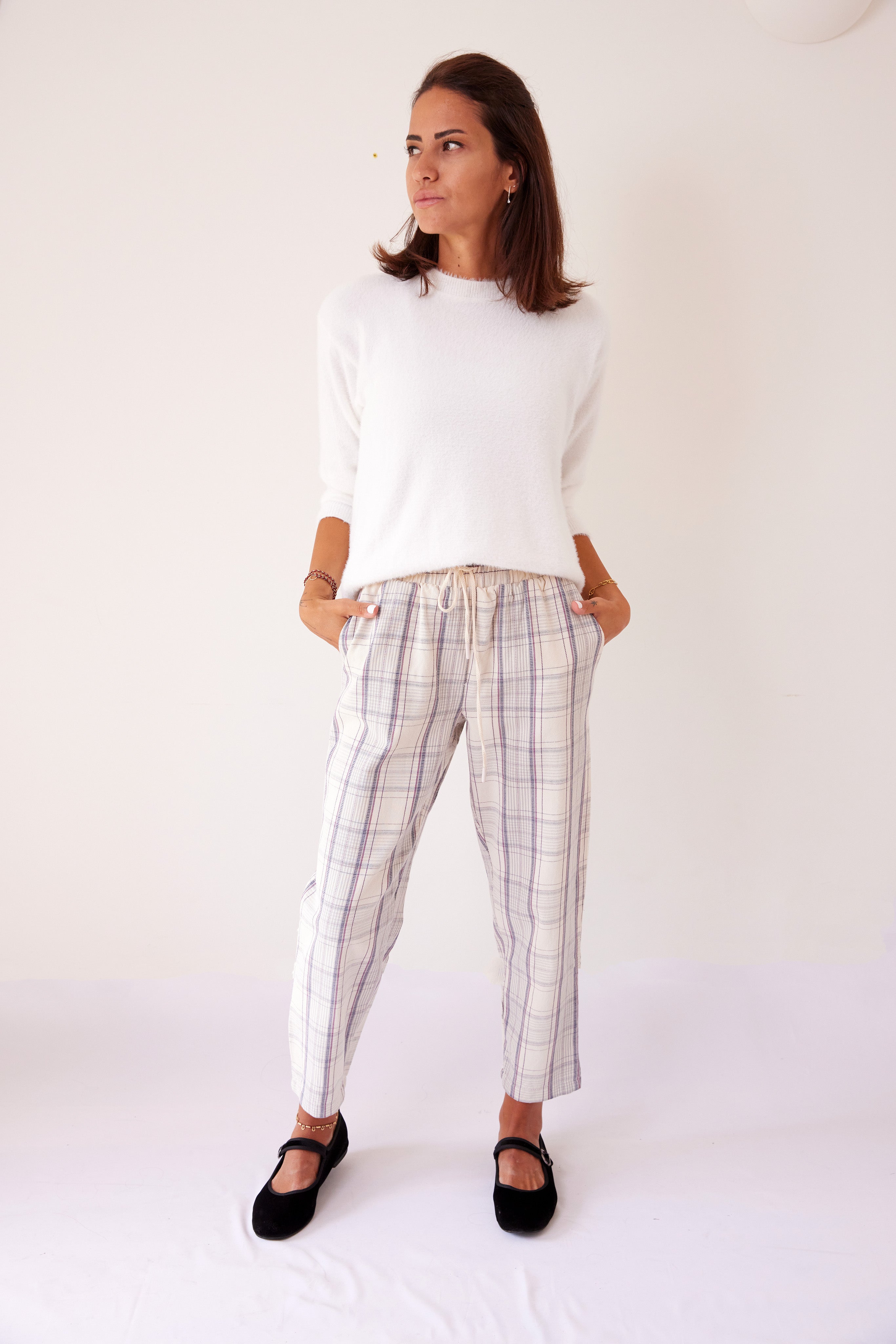 DRAWSTRING BLUE PLAID TROUSERS