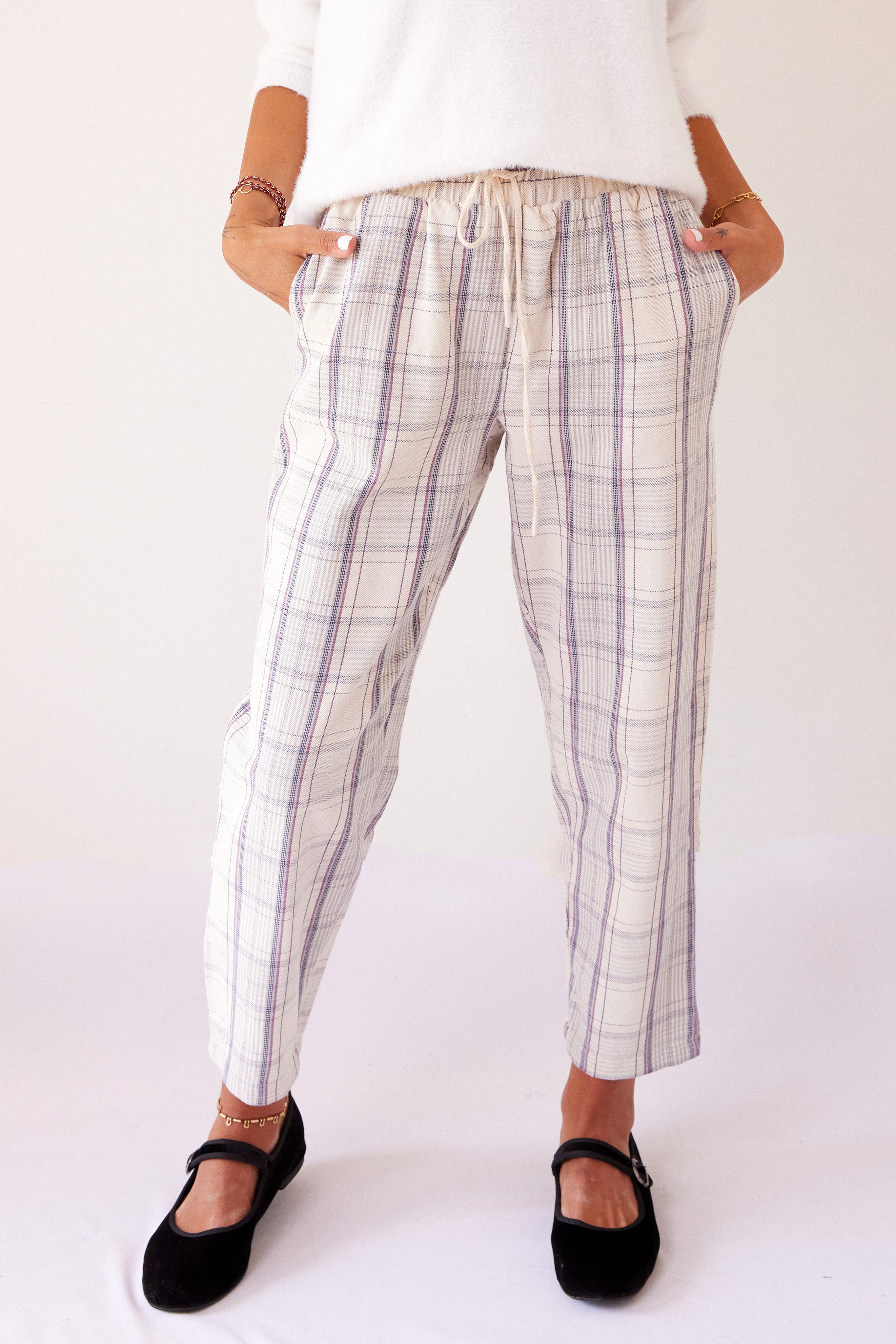 DRAWSTRING BLUE PLAID TROUSERS