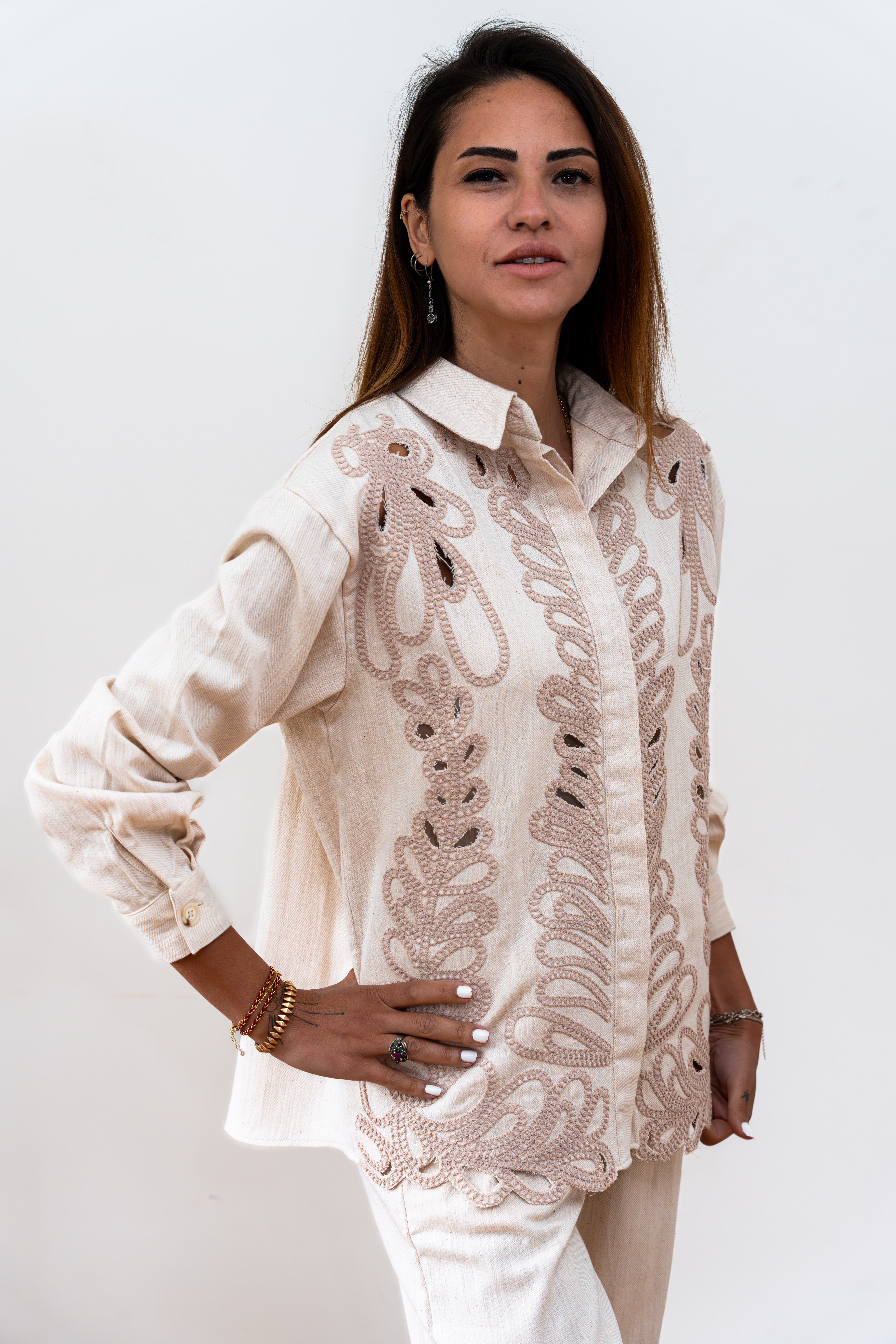 Fern Embroidery Ecru Shirt - janandnova