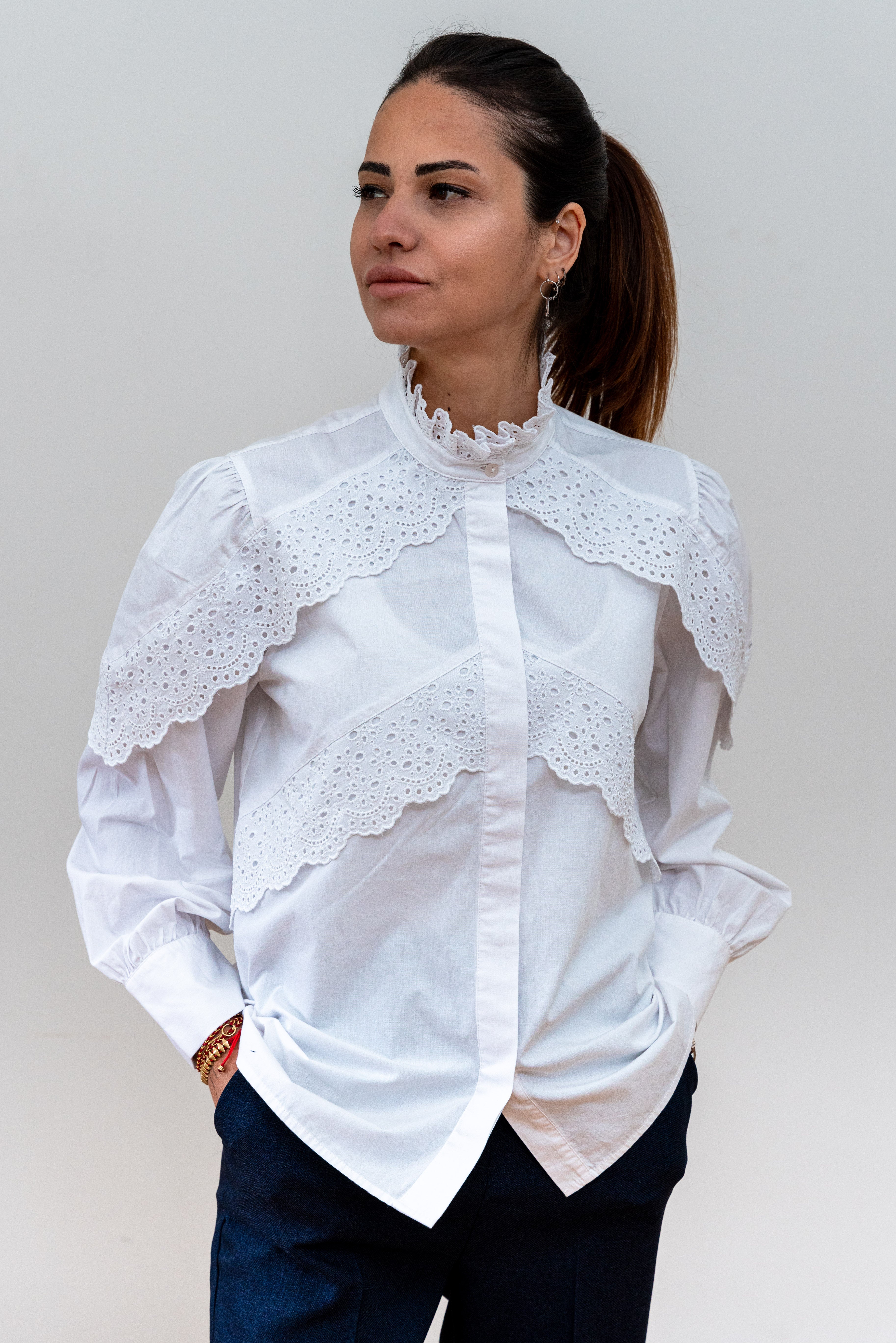 Lace Detailed High Collar Shirt - janandnova