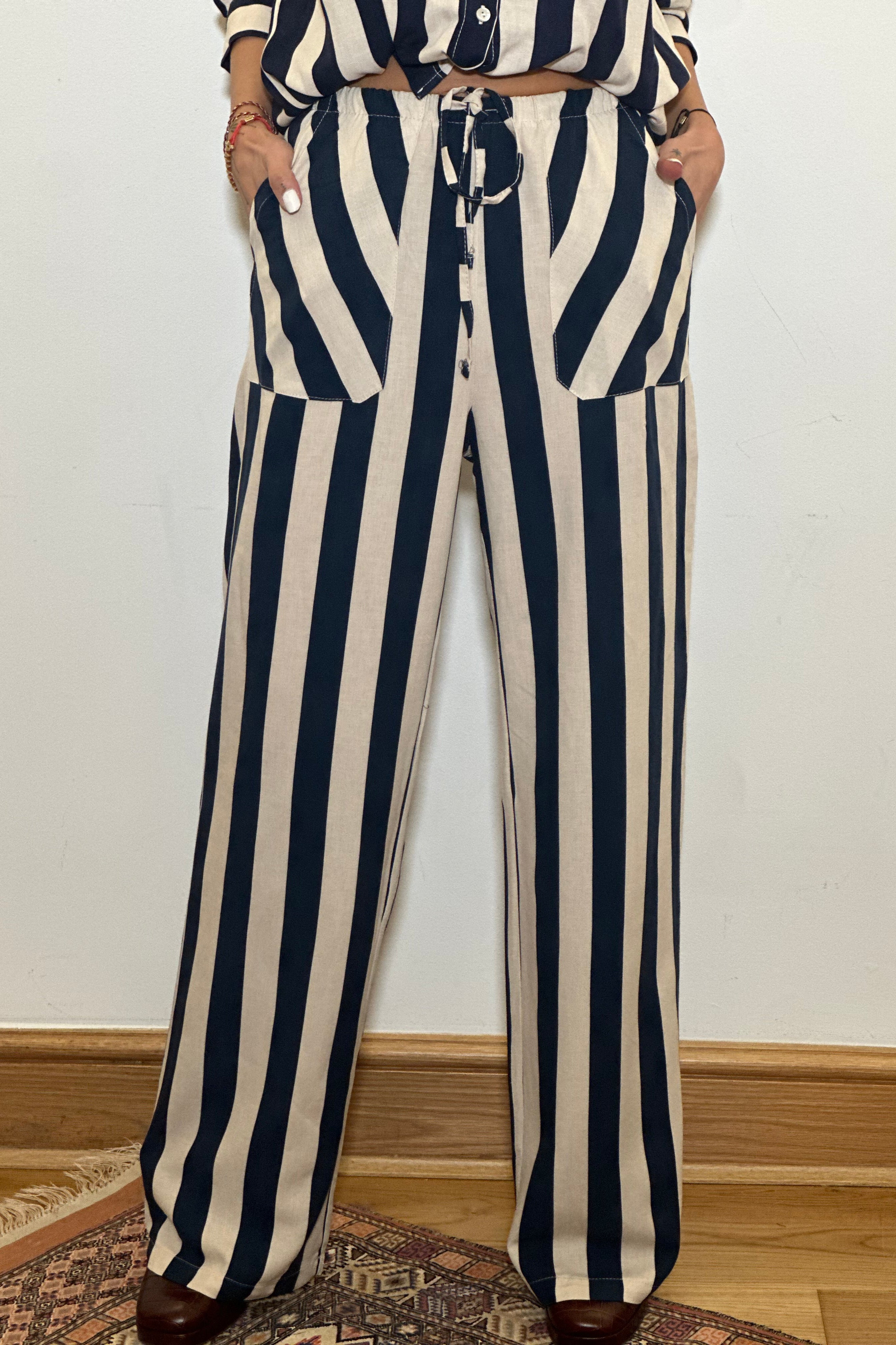 Navy & White Stripy Trousers