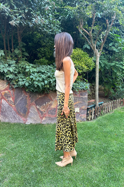 Leopard Print Olive Green Midi Satin Skirt