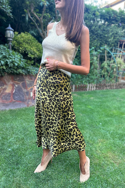 Leopard Print Olive Green Midi Satin Skirt