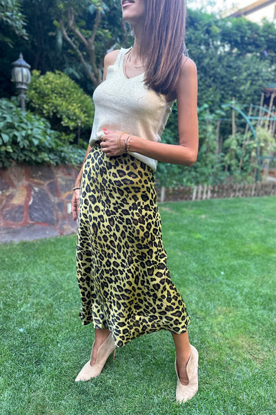 Olive Green Leopard Printed Skirt