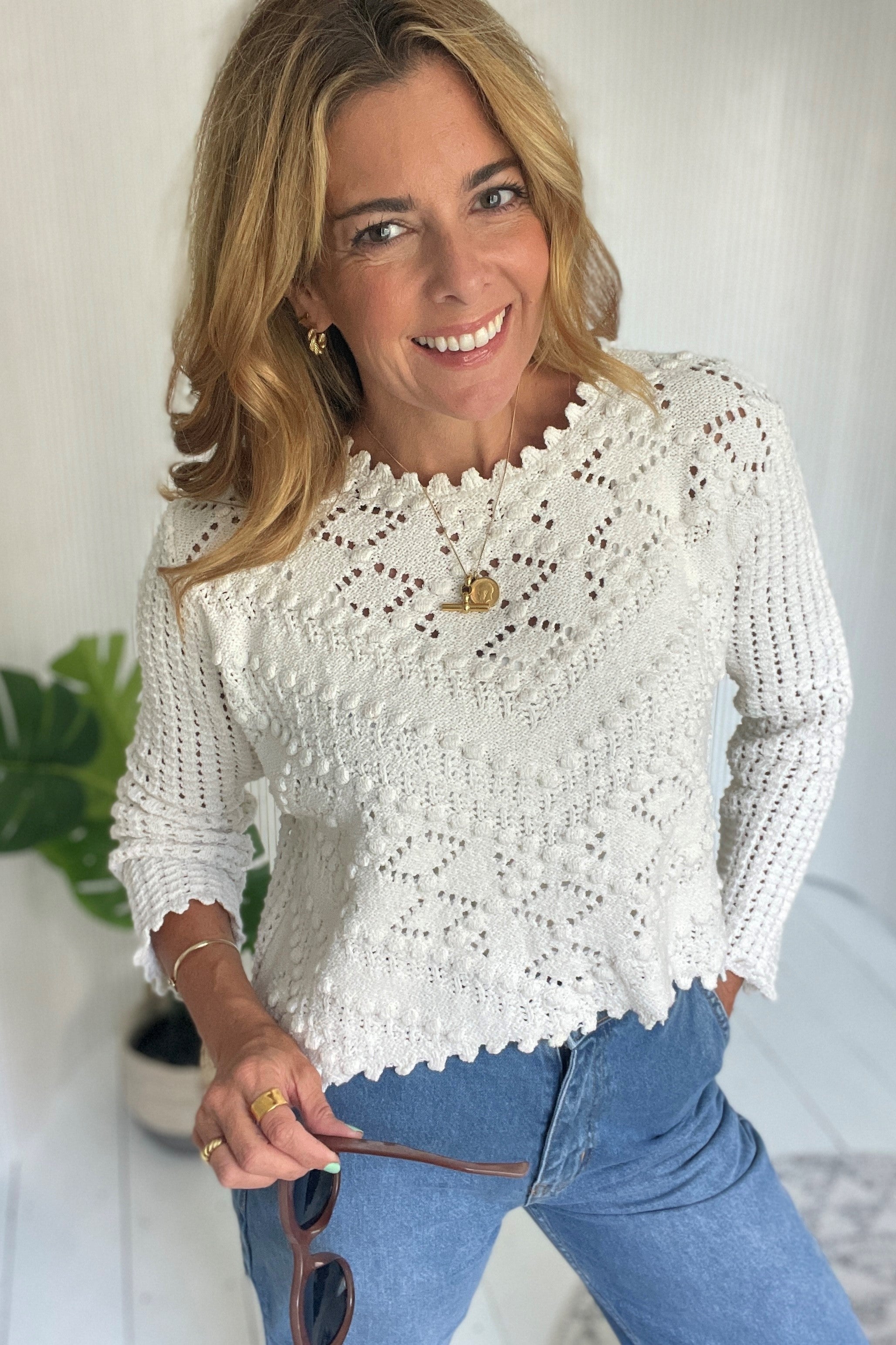 Pointelle Knit Ecru Jumper - janandnova