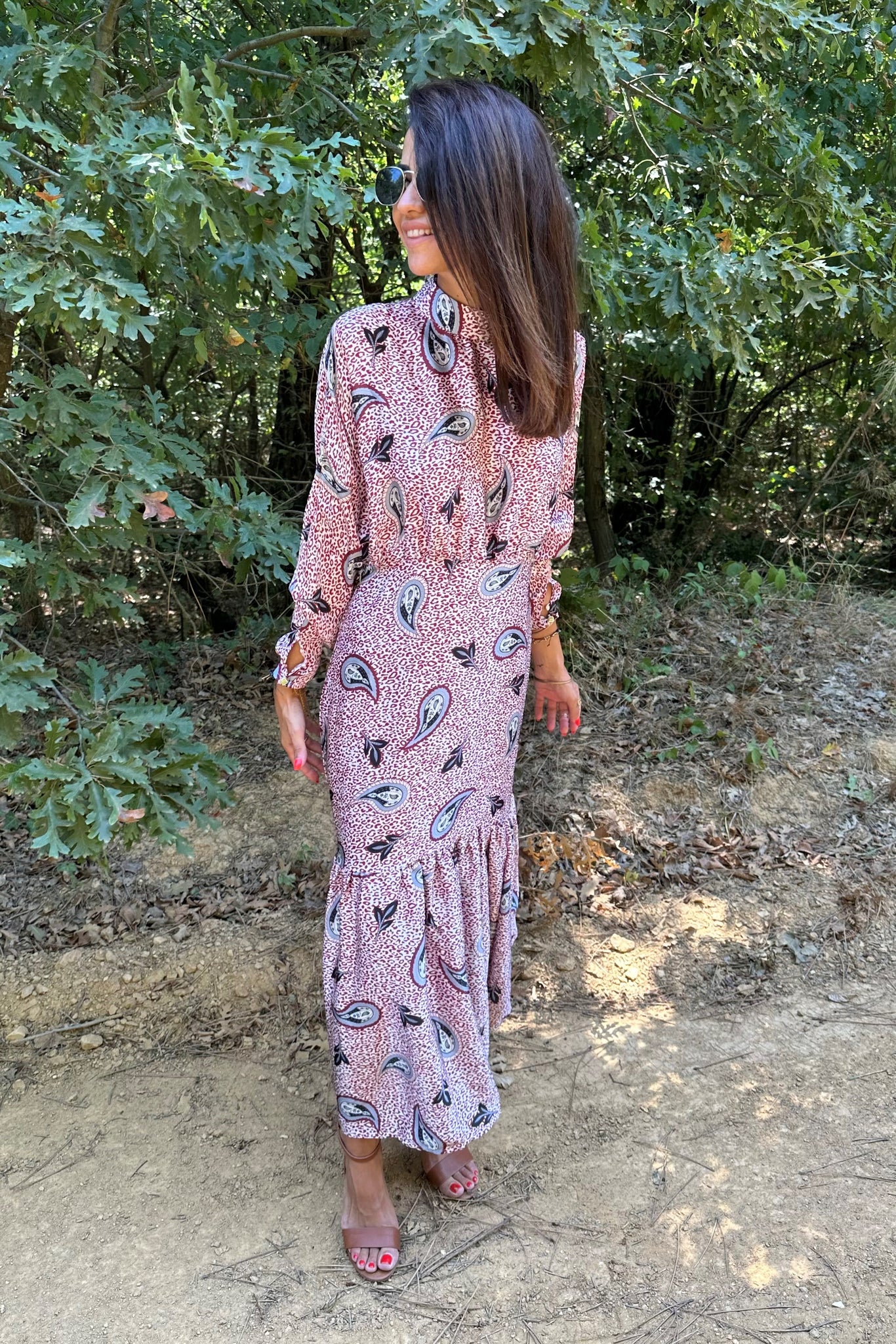 Turtleneck Leaf Patterned Satin Dress