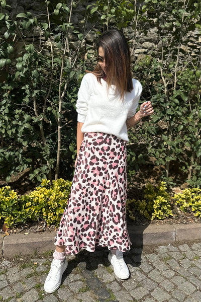 Pink Leopard Printed Satin Skirt