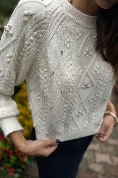 Pearl and Bead Detailed Beige Jumper