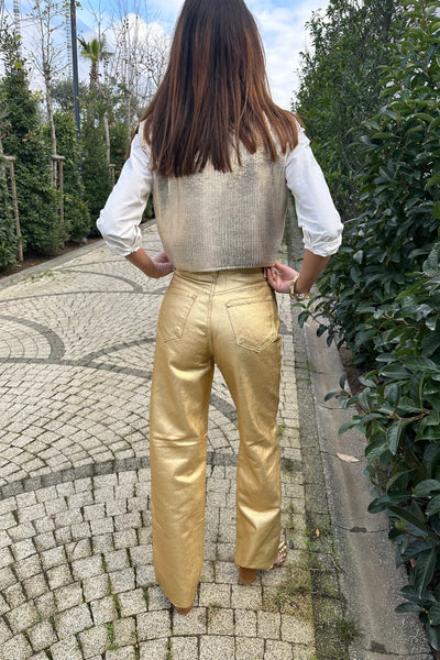 Gold-Metallic Tube Leg Trousers