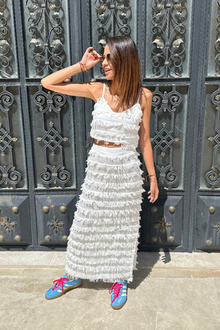 White Fringed Skirt and Tank Top Set