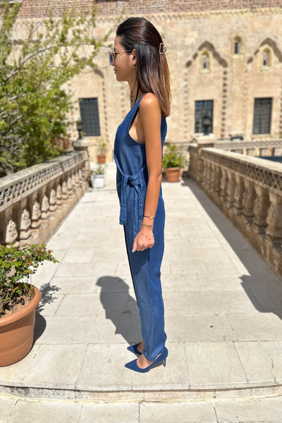 Front Tie Detailed Blue Overall