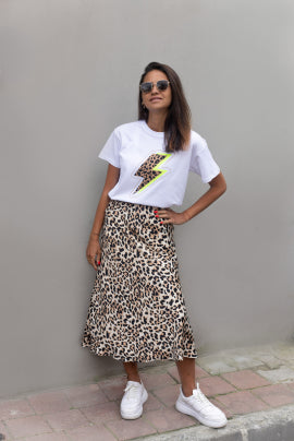 leopard printed satin midi skirt
