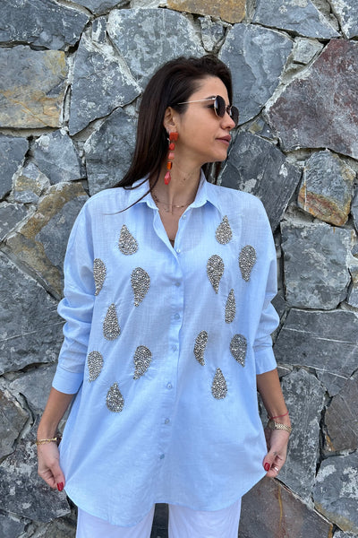 Blue Cotton Beaded Shirt - janandnova