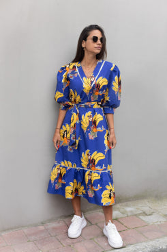 blue bana printed midi dress