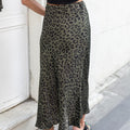 Khaki Leopard Printed Midi Satin Skirt - janandnova