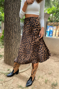 Brown Leopard Printed Midi Slip Satin Skirt - janandnova