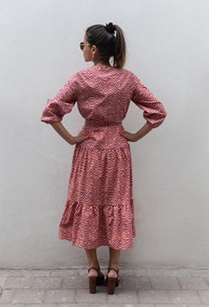 Salmon Pink Wave Printed Maxi Dress - janandnova