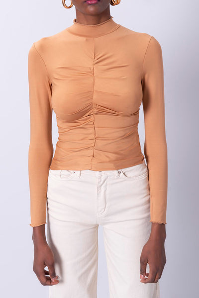 turtleneck draped body women camel 4